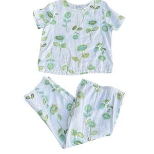 Hot Cotton Vintage 100% Linen Floral 2 Piece Set Pants Top Green M